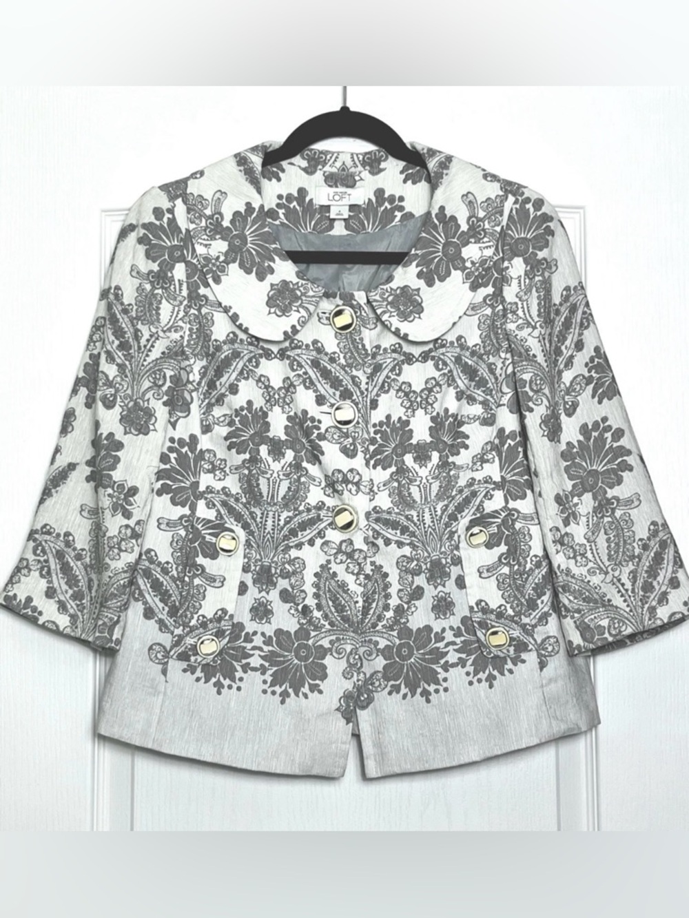 Ann Taylor LOFT Silk Linen Gray White Blazer Jacket Sz 4 Floral Peter Pan Collar